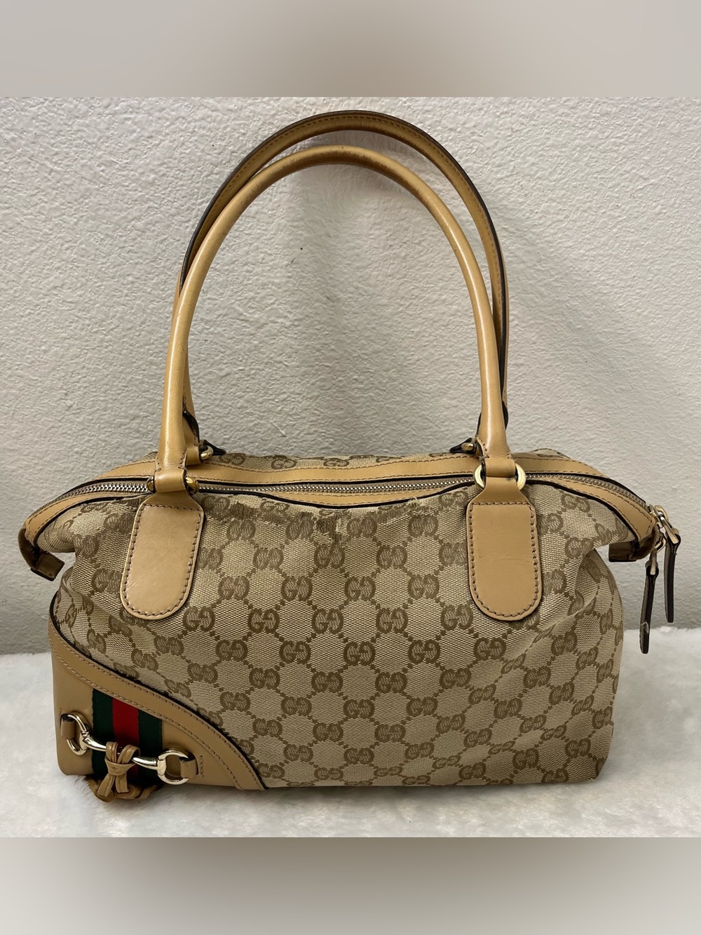 Gucci GG Canvas Horsebit Satchel Bag Monogram Leather Trim 232936 ***FLAWS***
